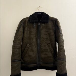 Zara Men's Camouflage Flight Jacket with Black Shearling Trim